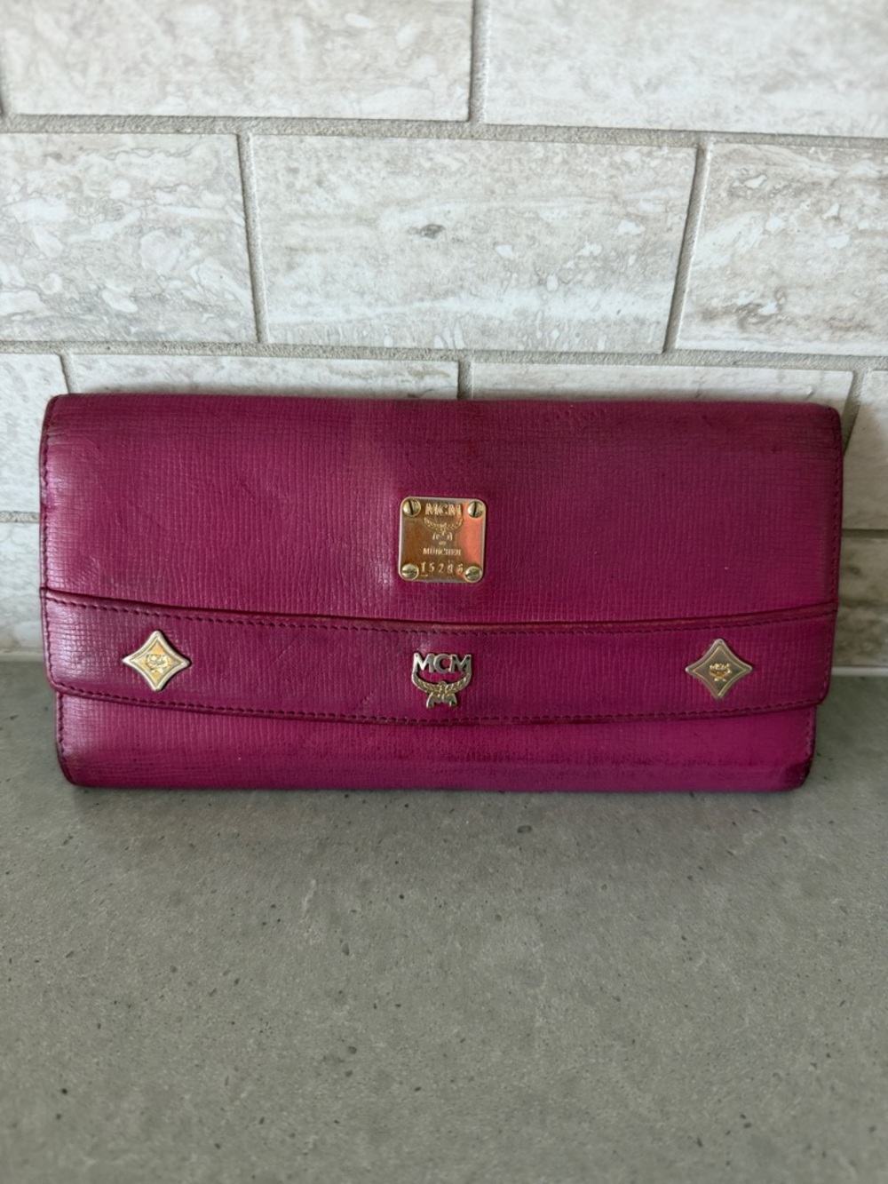 MCM Magenta Leather Envelope Wallet with Gold Hardware